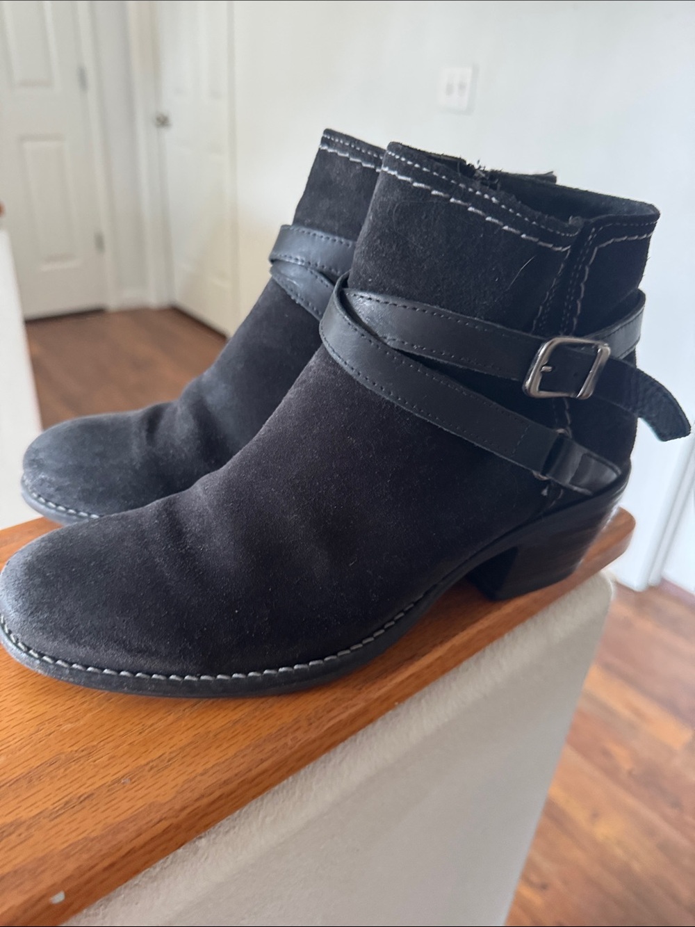 Women's Black suede Ankle Booties with Buckle Strap - Picture 4 of 7